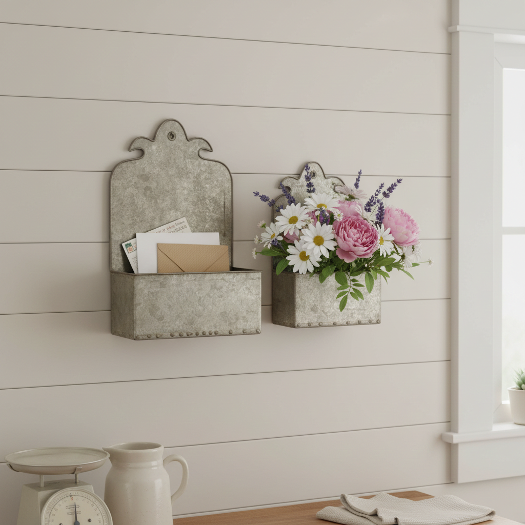 Tap to shop this look! Rustic wall décor featuring two galvanized metal wall pockets mounted on a white shiplap wall. The left pocket holds envelopes and papers, while the right displays a colourful arrangement of artificial flowers including pink peonies, white daisies, and purple lavender. Below, a white ceramic pitcher and small bowl sit on a shelf, with natural light streaming in from a nearby window.