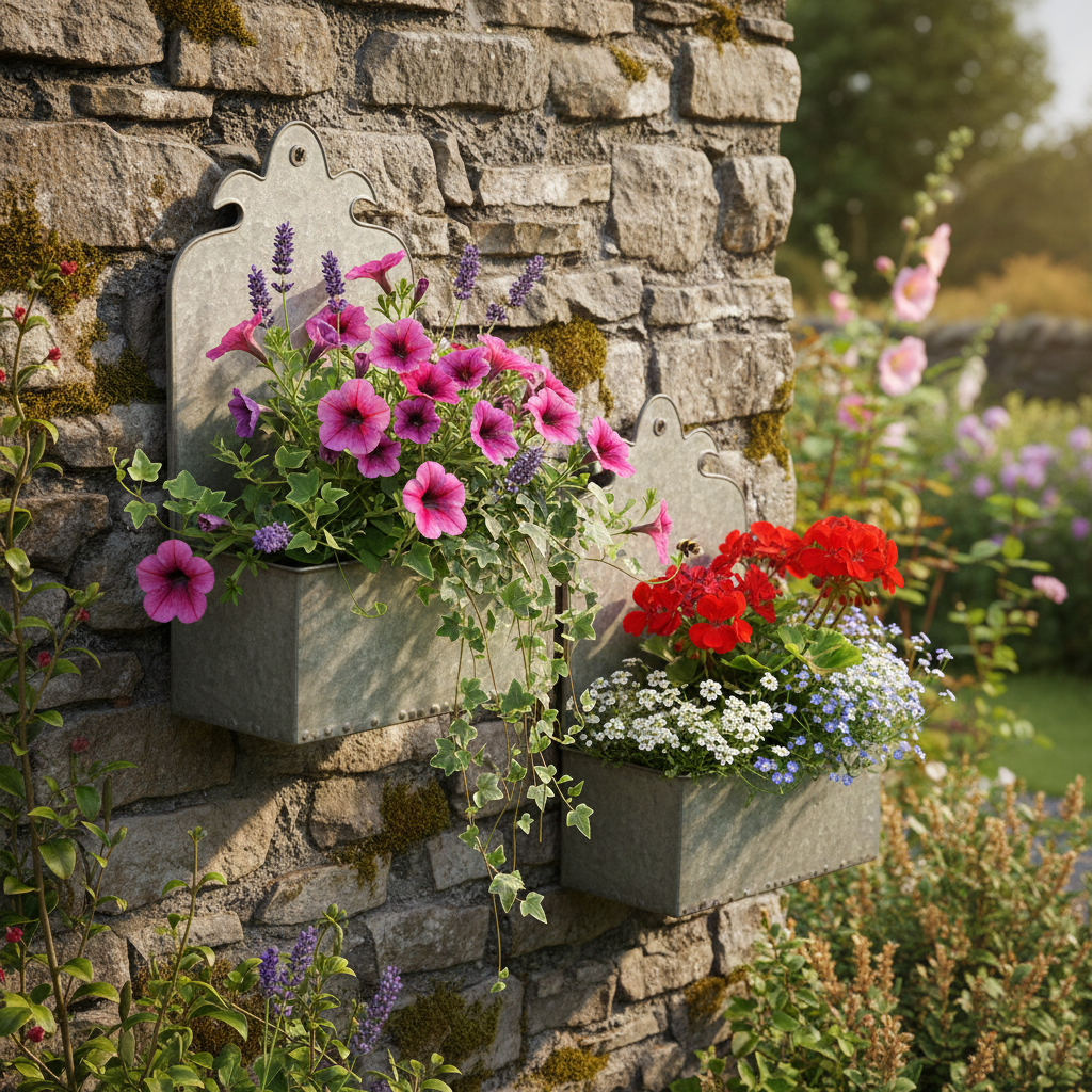  Vertical garden on rustic stone wall featuring ornate metal planters filled with vibrant flowers—pink petunias, red geraniums, white alyssum, purple salvia, and trailing ivy. Moss-covered stone adds aged charm, with a lush garden backdrop enhancing this cottage-style outdoor décor idea.