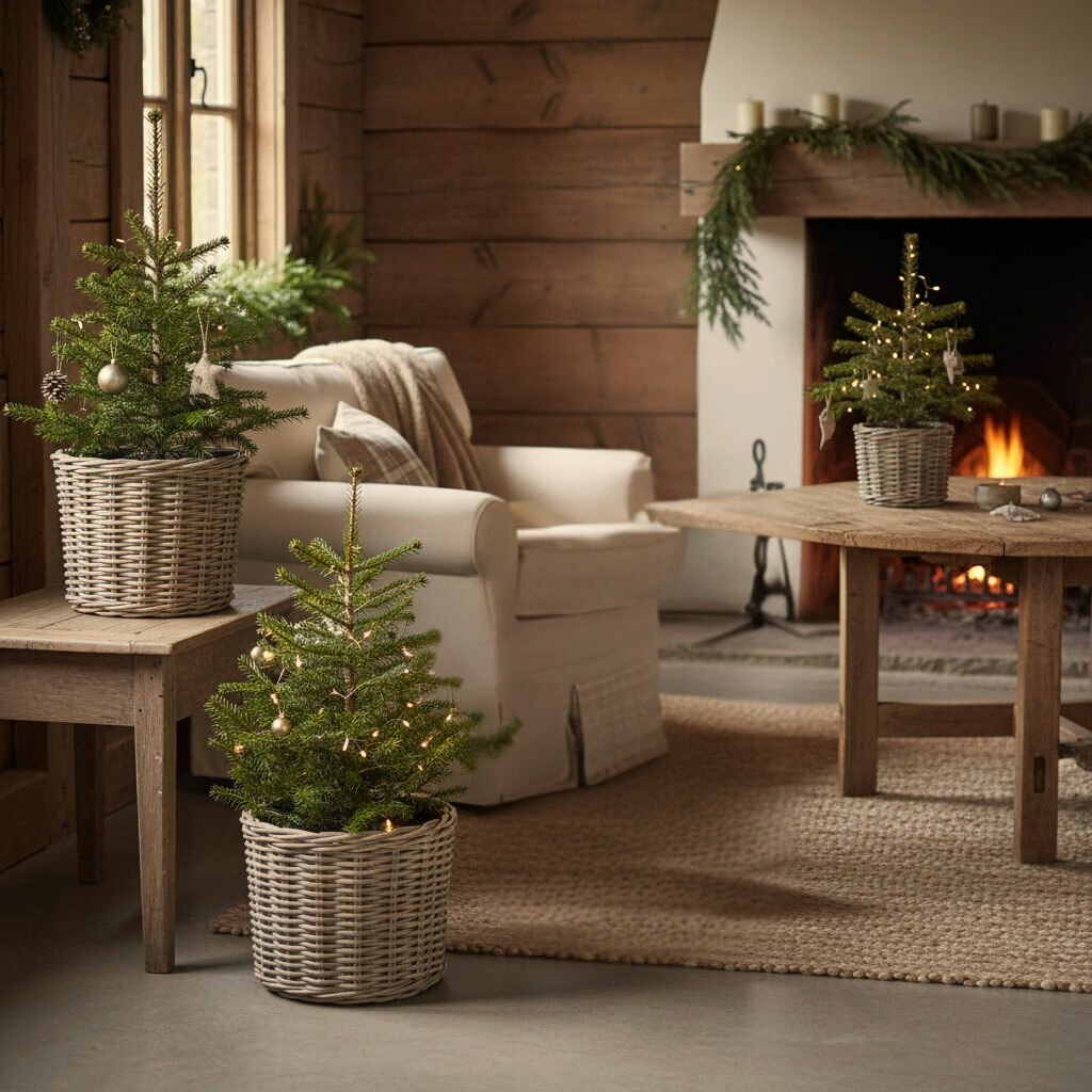 Stylish rattan planters for indoors or outdoors. Add miniature Christmas trees and fairy lights for a festive corner