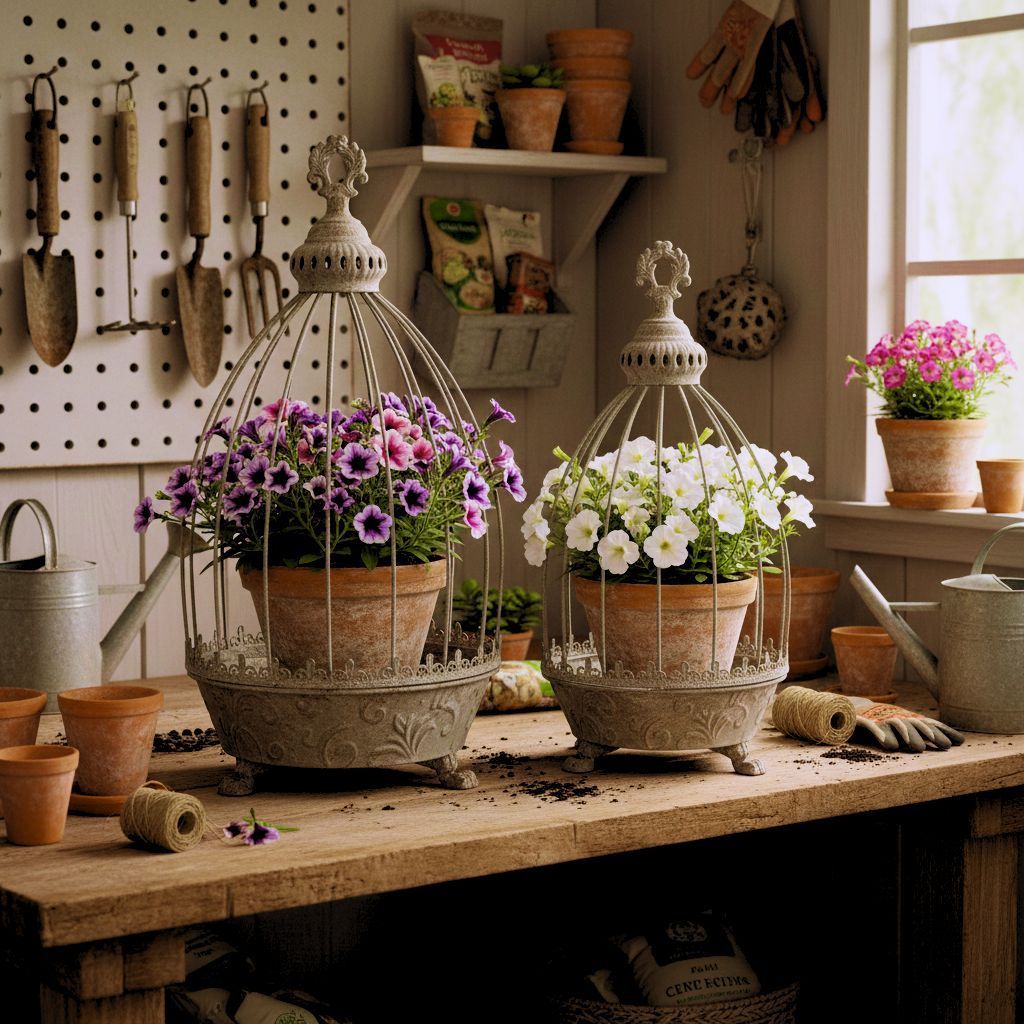 Vintage rustic style ornate cloches in subtle brown metal complete with terracotta pots filled with pretty bedding plants