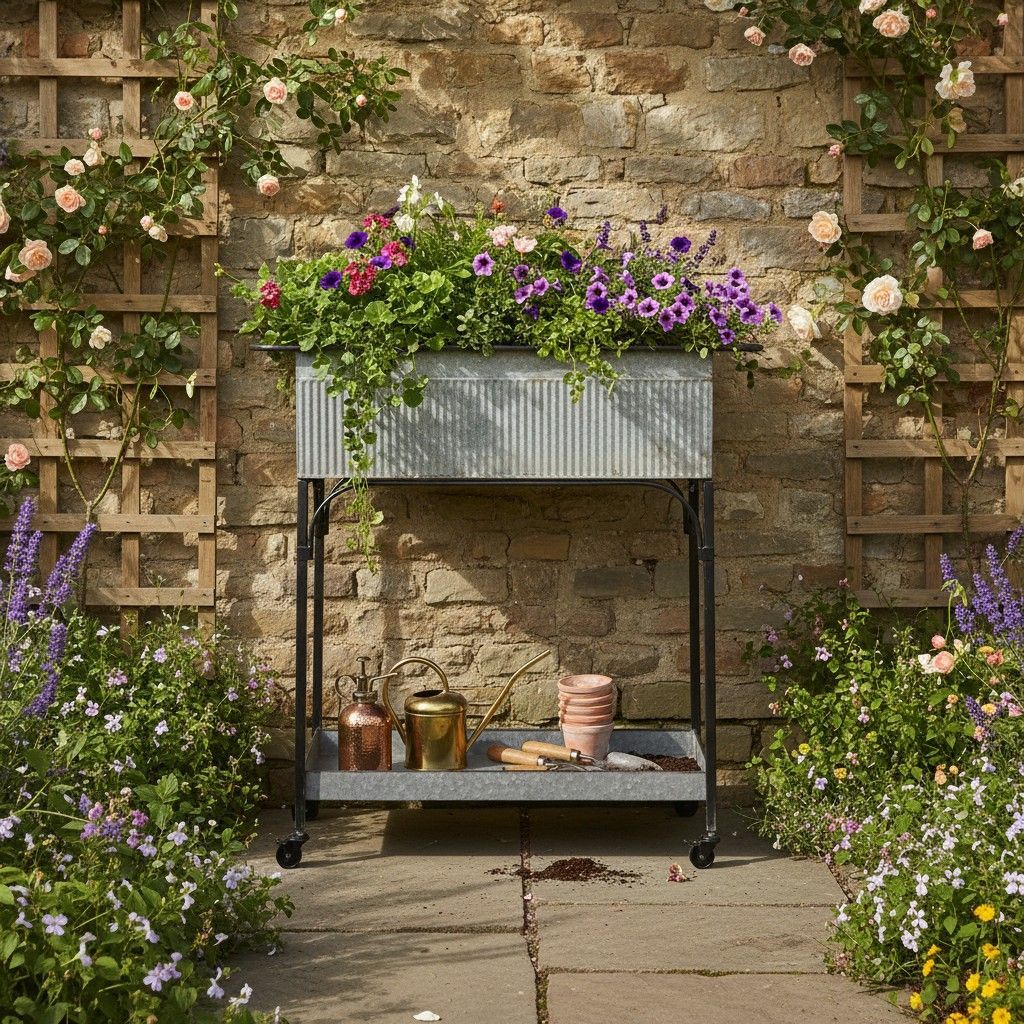Vintage Style Zinc Trolley for plants or drinks in the perfect cottage garden patio setting