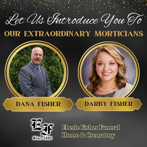 A funeral home advertisement with two morticians, Dana and Darby Fisher.