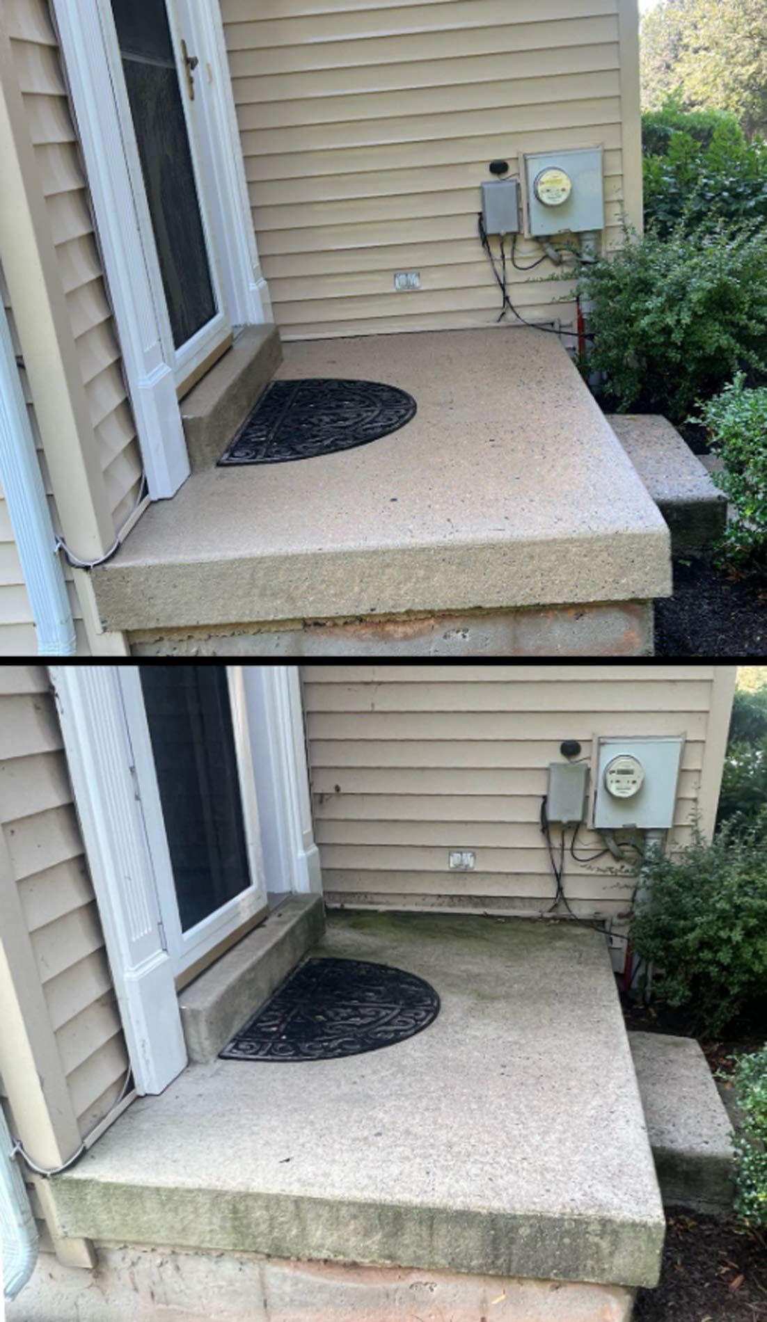 Comparison of a concrete front porch before and after cleaning. The cleaned porch appears lighter and free of grime.