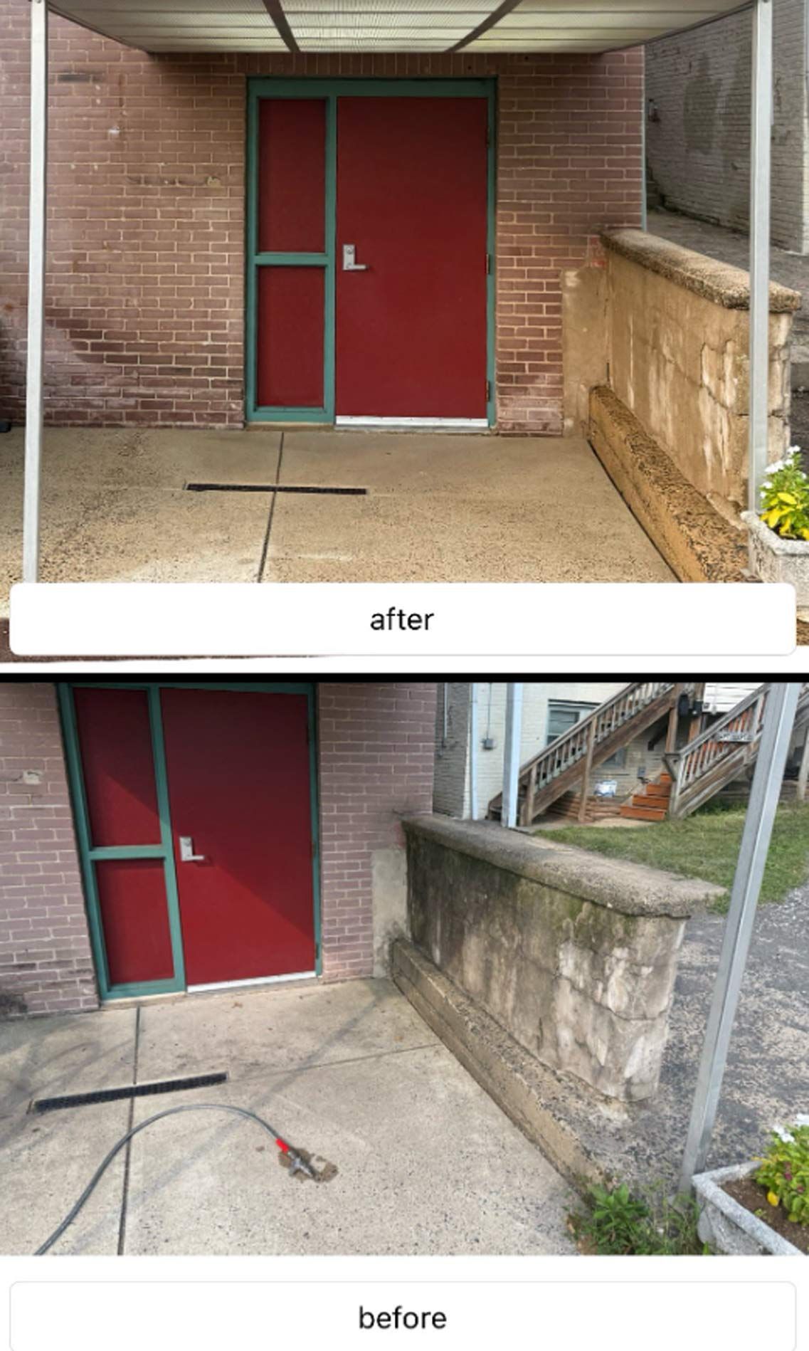 Comparison of before and after photos of a red door and brick building entrance. The after photo has a clean patio and fresh-looking building.