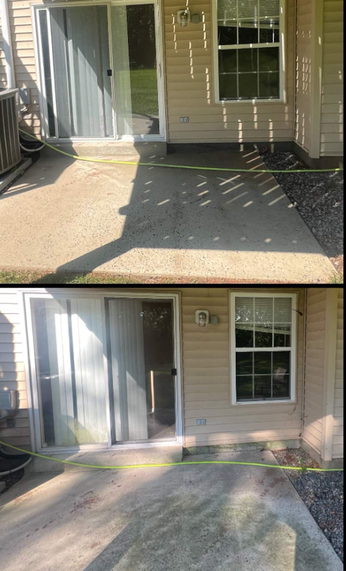 Two photos show a concrete patio with a sliding glass door and a window, bordered by yellow tape.