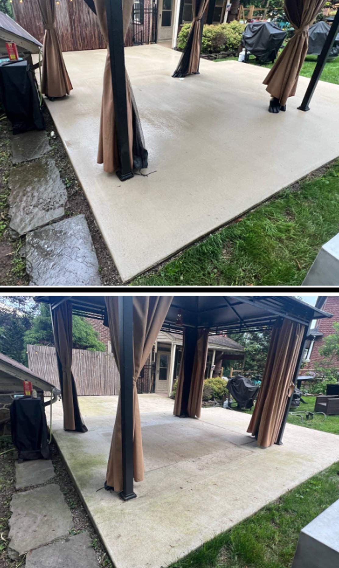 Two views of a concrete patio. The top shows it clean, the bottom shows the same patio with noticeable green mold/growth.