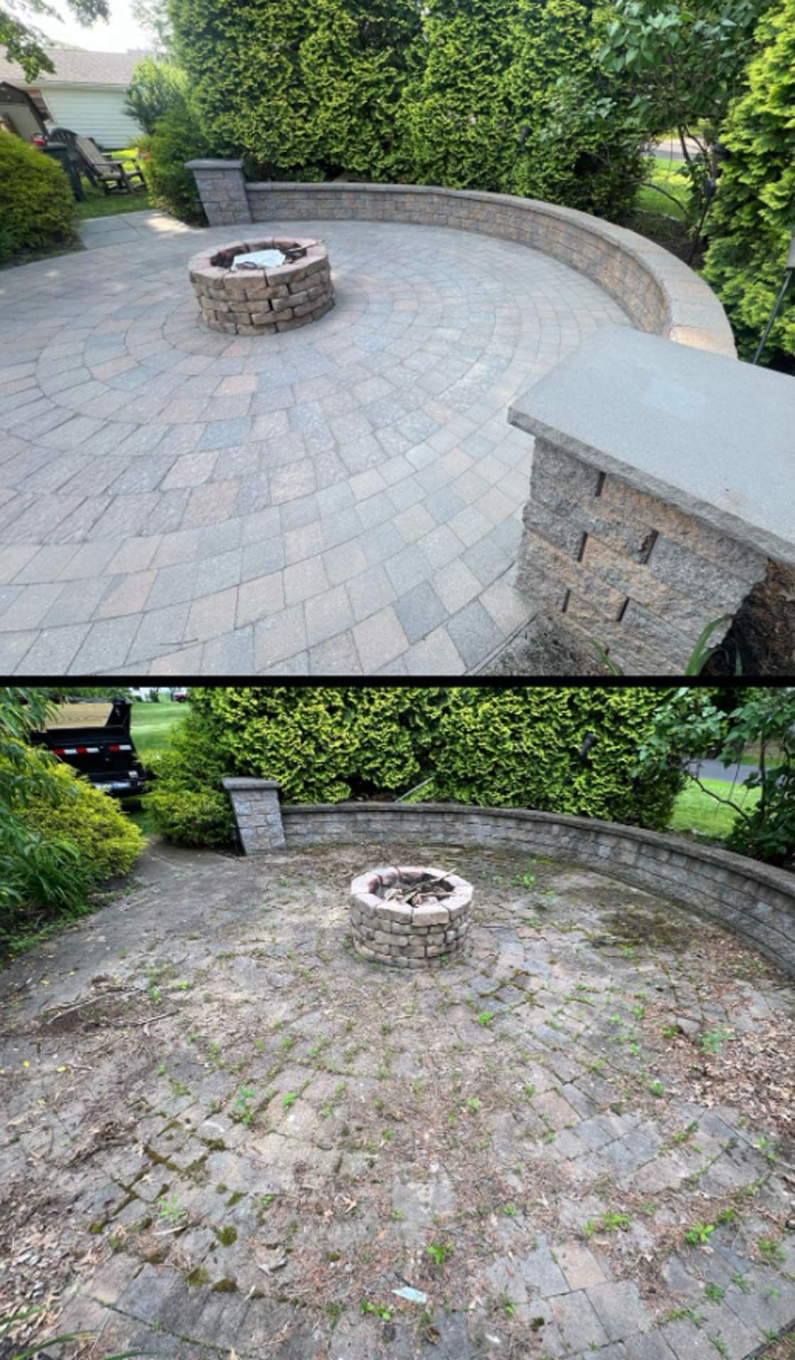 Top: Clean brick patio with fire pit and curved stone wall. Bottom: Weedy, dirty brick patio.