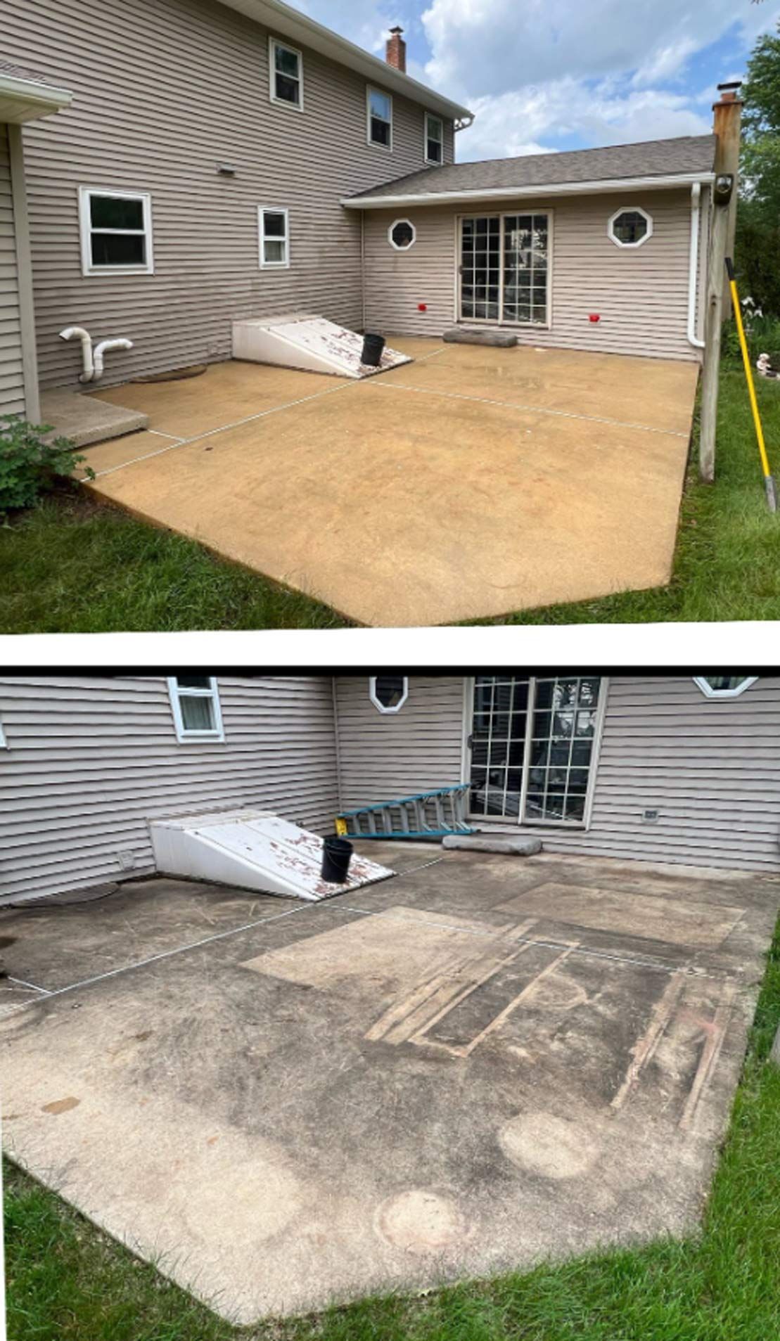 Top image: Two-story house with a concrete patio. Patio has a white foundation cover and is next to a grassy area.
Bottom image: House's concrete patio showing wear and discoloration, with a ladder in the corner.