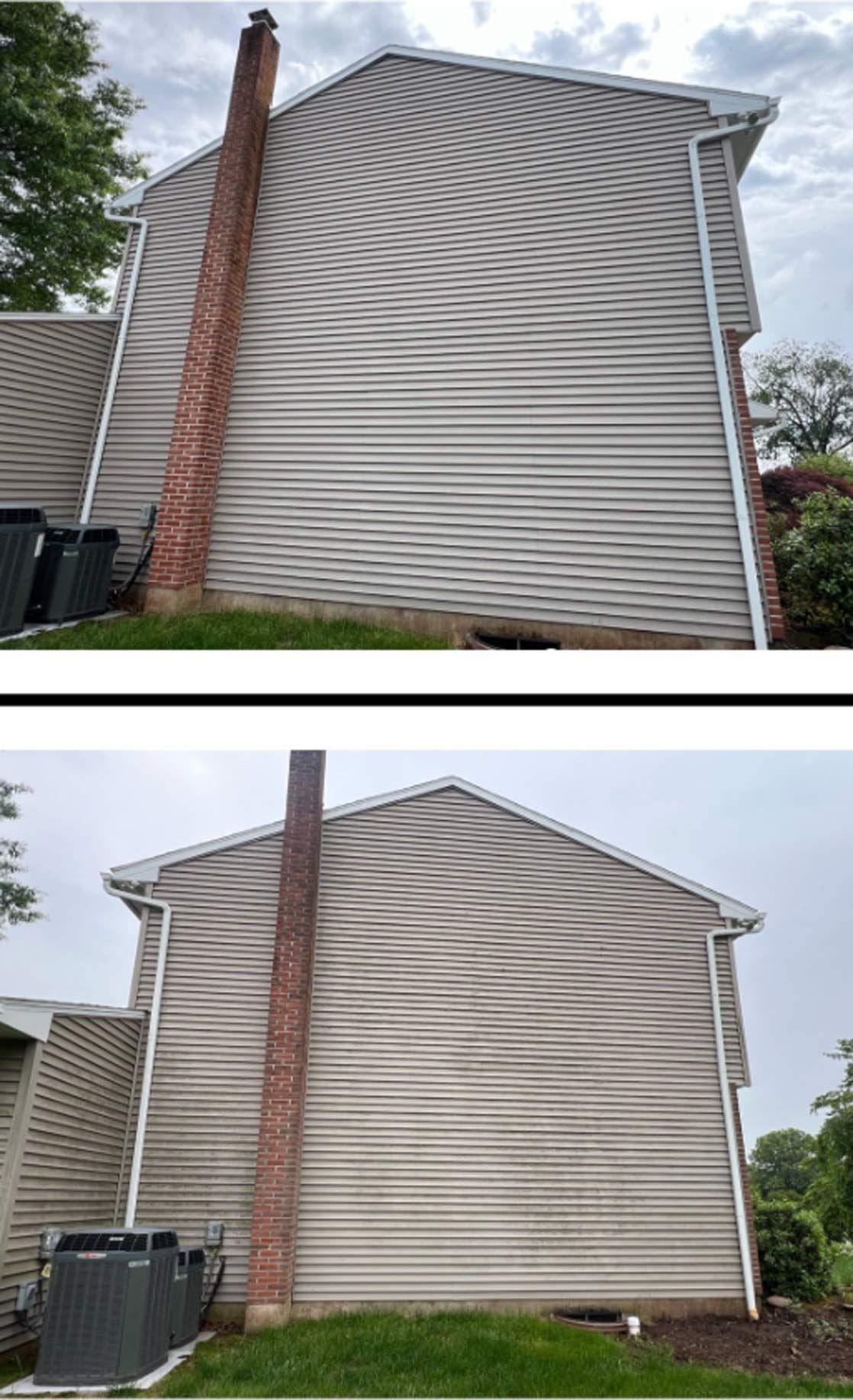 Two side views of a house with gray siding, a red brick chimney, and white gutters. The top image shows two black trash bins. The bottom image shows an air conditioning unit.