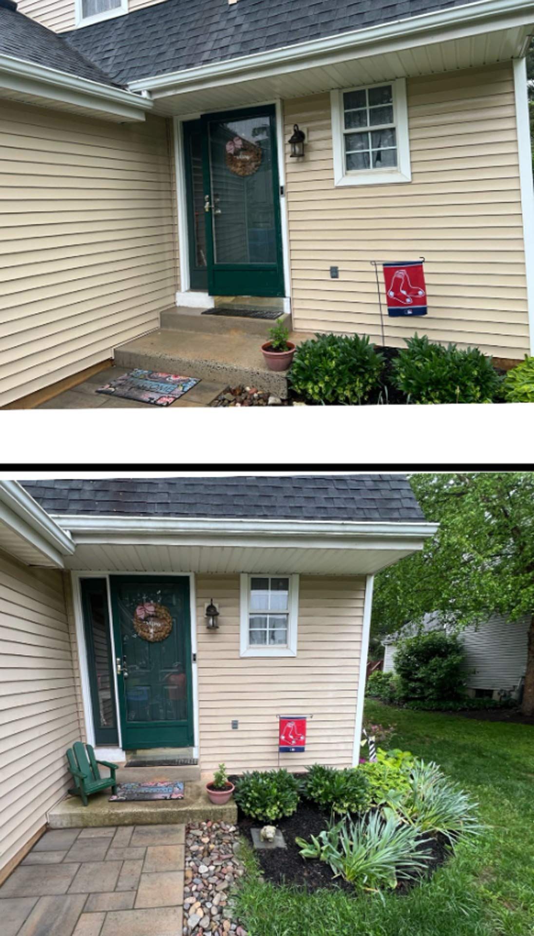 Top: Entryway of a house with a green door, tan siding, and a welcome mat. Bottom: Same entryway with a brick path, garden bed, and a green chair.