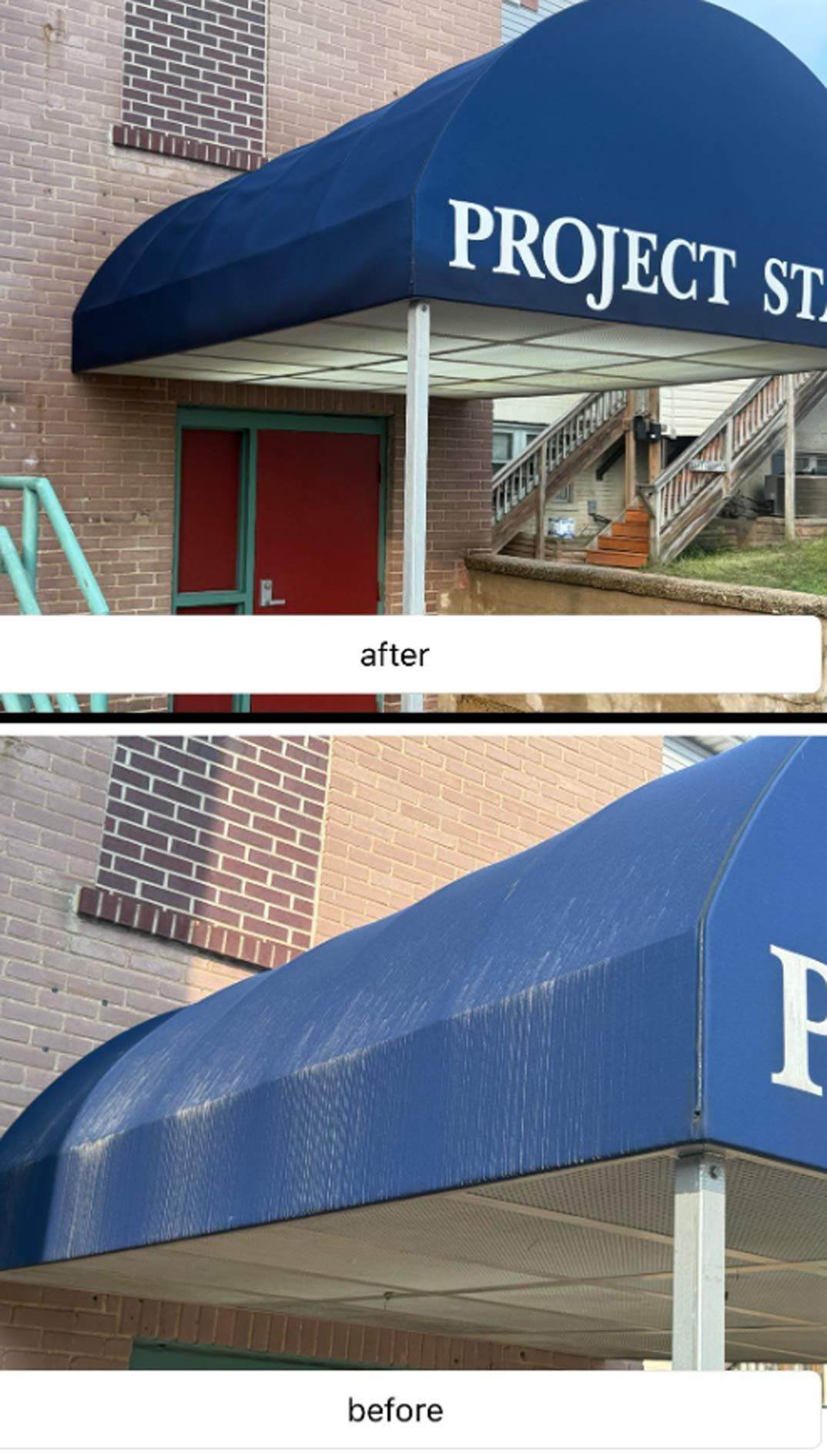 Comparison of a blue awning before and after cleaning, with 