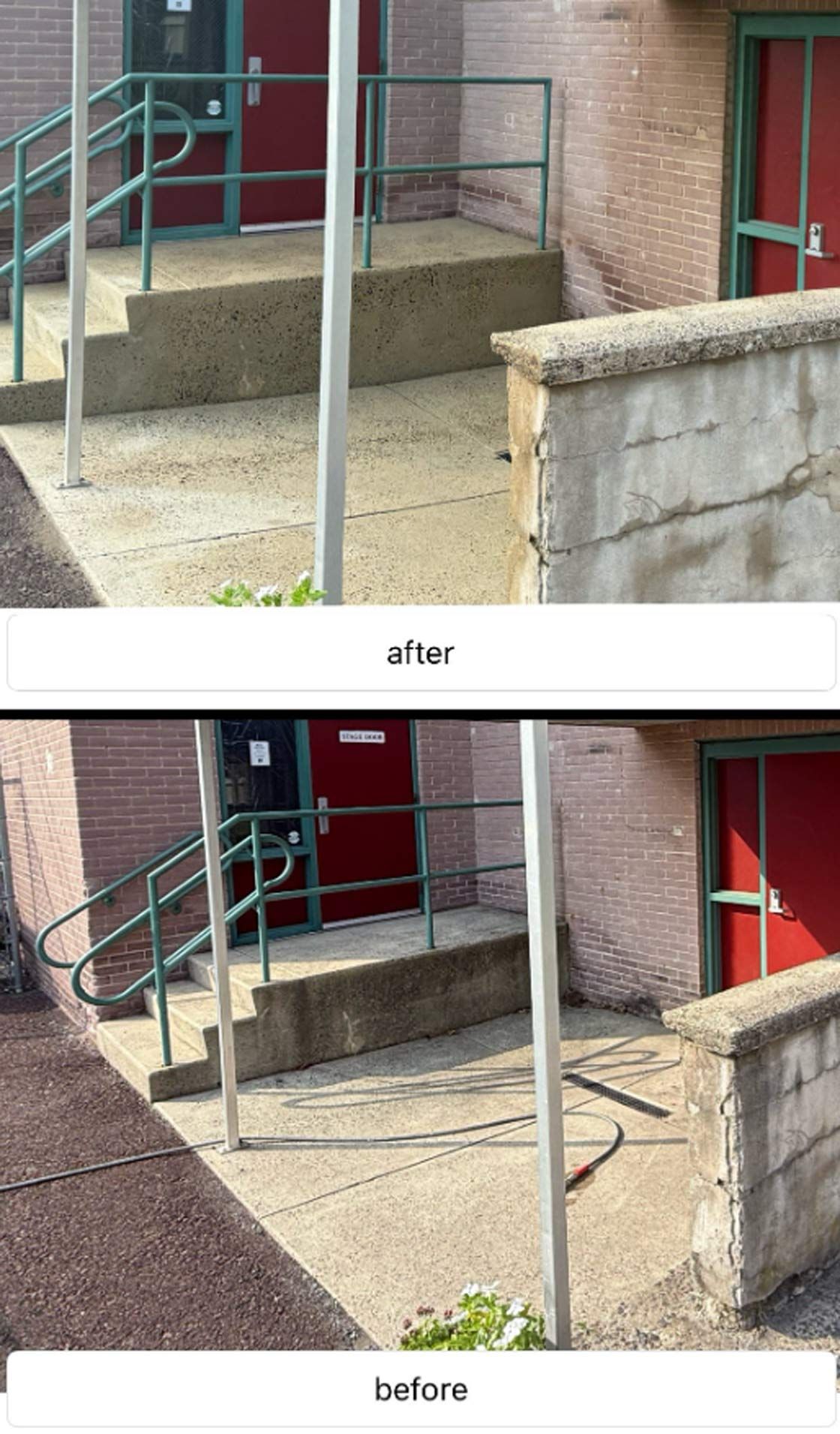 Top: Entrance with concrete steps, metal railings, and a red door. Bottom: The same entrance, but the ground has been repaved, appears darker.