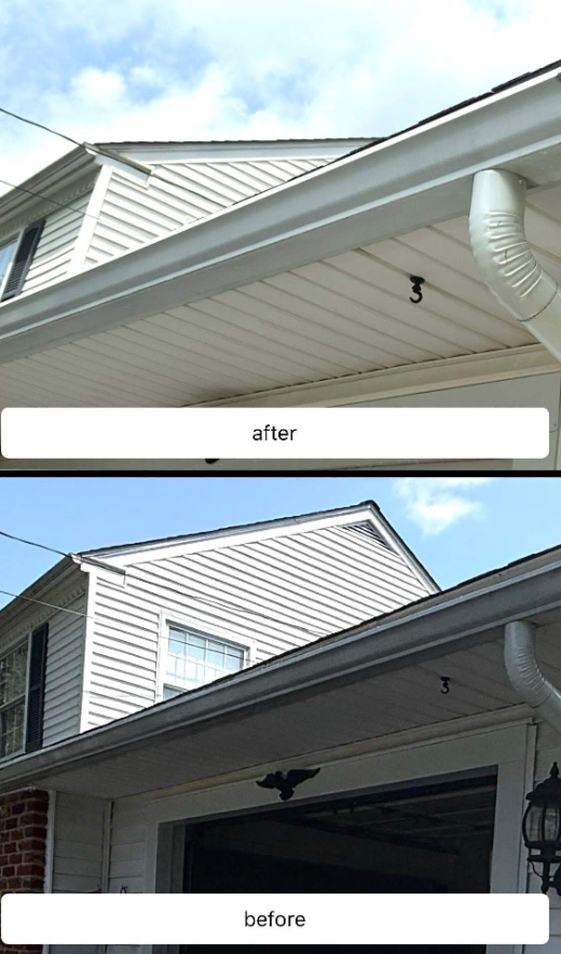 Comparison of a house's roof and siding before and after a renovation. The 