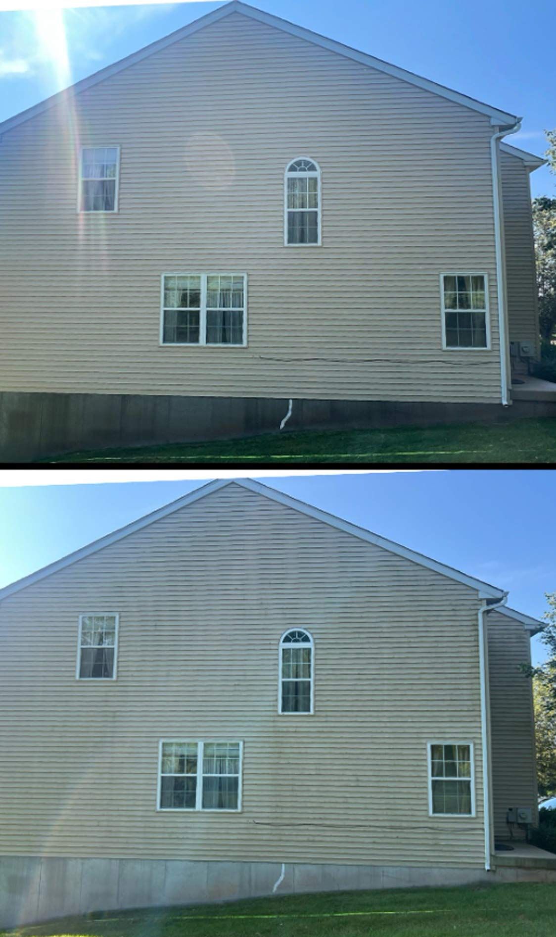 Side-by-side comparison of a house's beige siding before and after cleaning, showing the effect of removing dirt and grime.