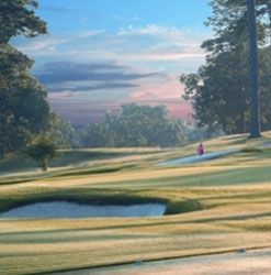 A golf course with a pond in the middle of it and trees in the background.