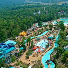 An aerial view of a water park surrounded by trees.