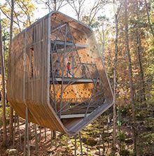 A wooden tree house in the middle of a forest.