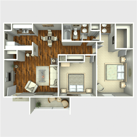 Floor plan of a two-bedroom apartment, showing rooms and furniture placement.