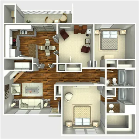 Floor plan of an apartment with a kitchen, living room, dining area, two bedrooms, and two bathrooms.