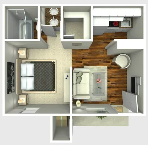 Floor plan of a small apartment: bedroom, bathroom, kitchen, and living area with furniture and appliances.