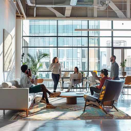 People in a modern office space, collaborating. Some are seated, some standing, near a large window.