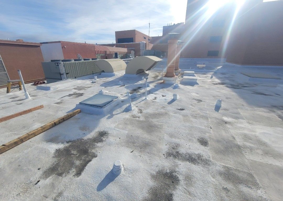 Rooftop with white coating, skylights, and vents under a bright, sunny sky.