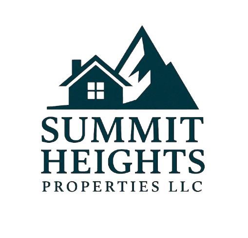 Logo for Summit Heights Properties LLC, featuring a house silhouette next to a mountain in teal.