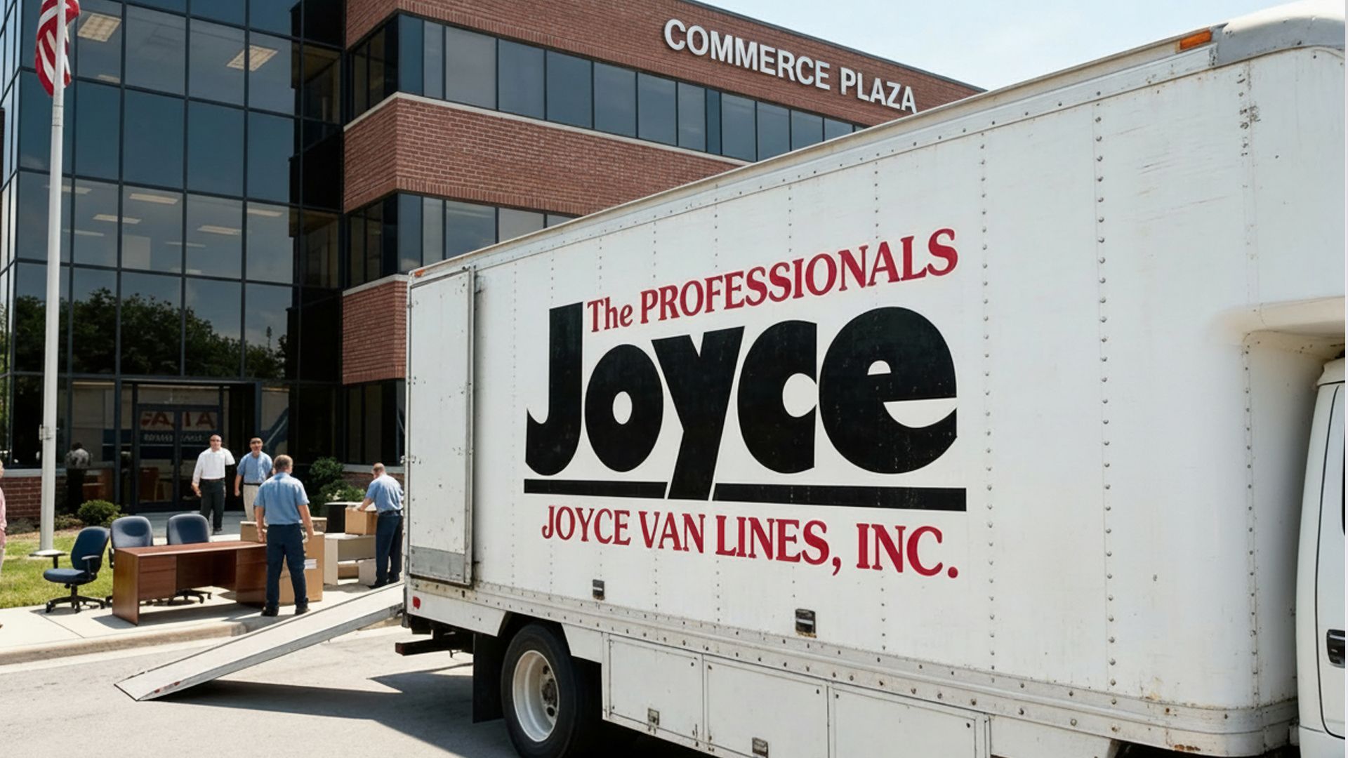 Joyce Van Lines truck parked in front of Commerce Plaza building. Movers unloading furniture.