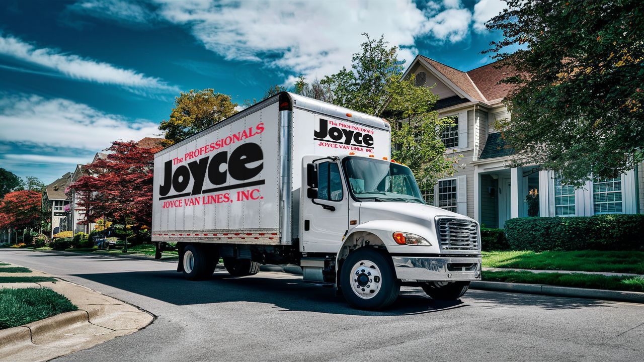 White Joyce moving truck parked on a residential street with houses, a sunny day.