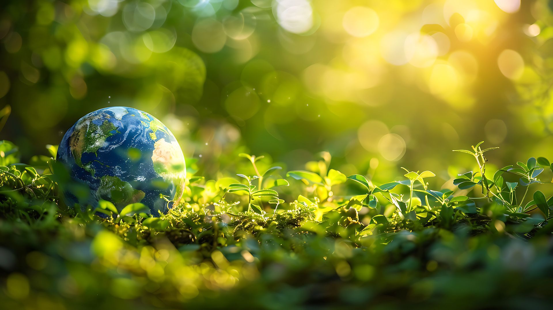 Earth globe nestled in lush green foliage, illuminated by sunlight.