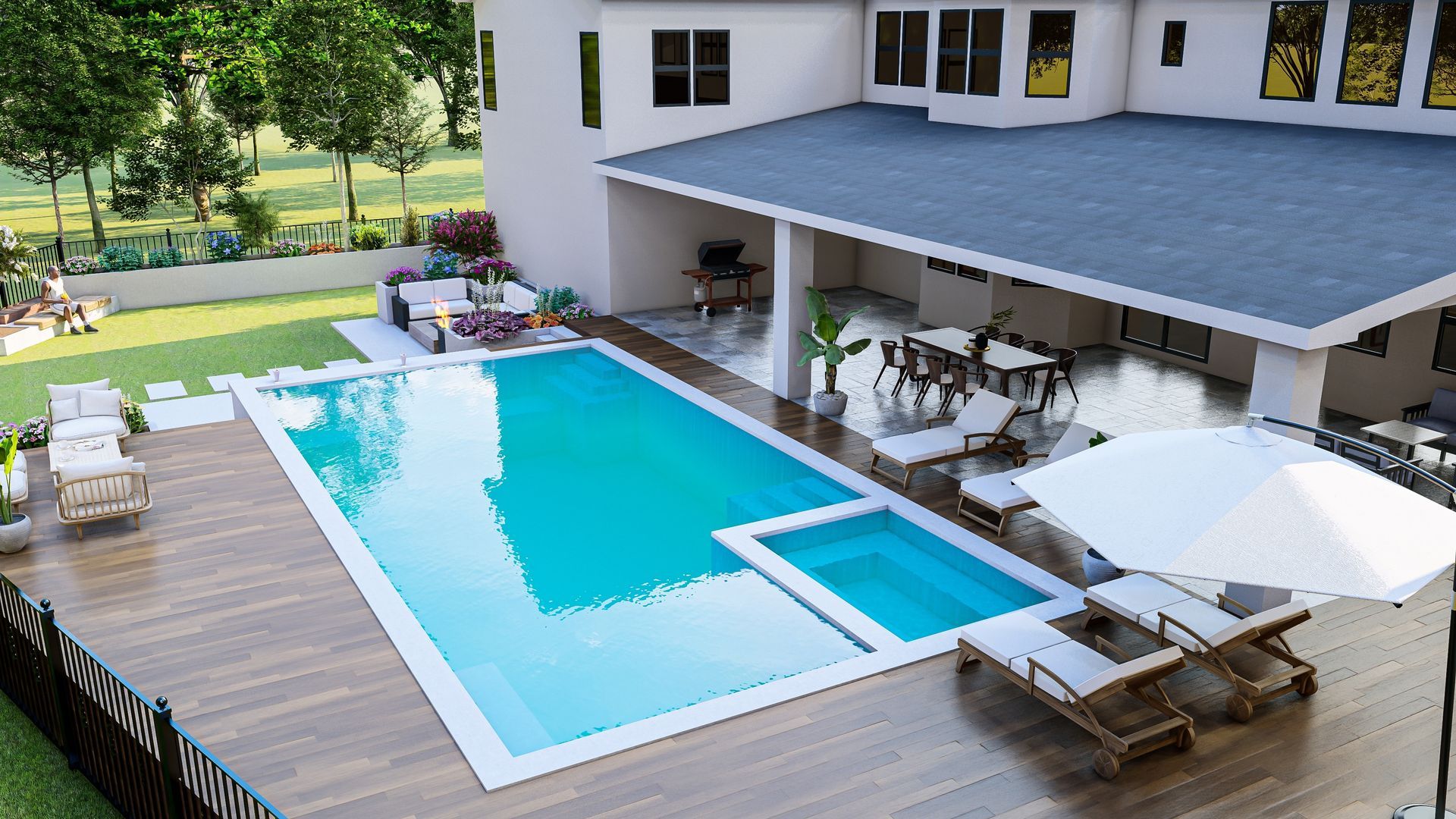 Stainless steel pool ladder in blue water. Grey tile deck.
