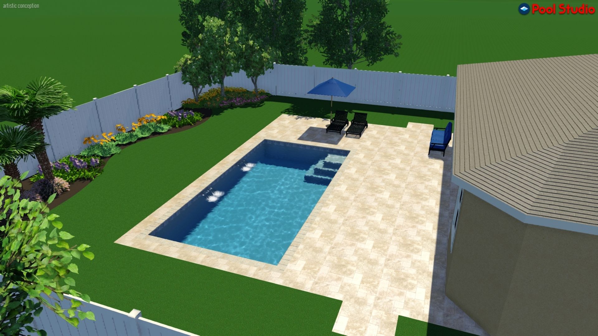 Backyard with rectangular pool, patio, and white fence. Green grass and trees surround.