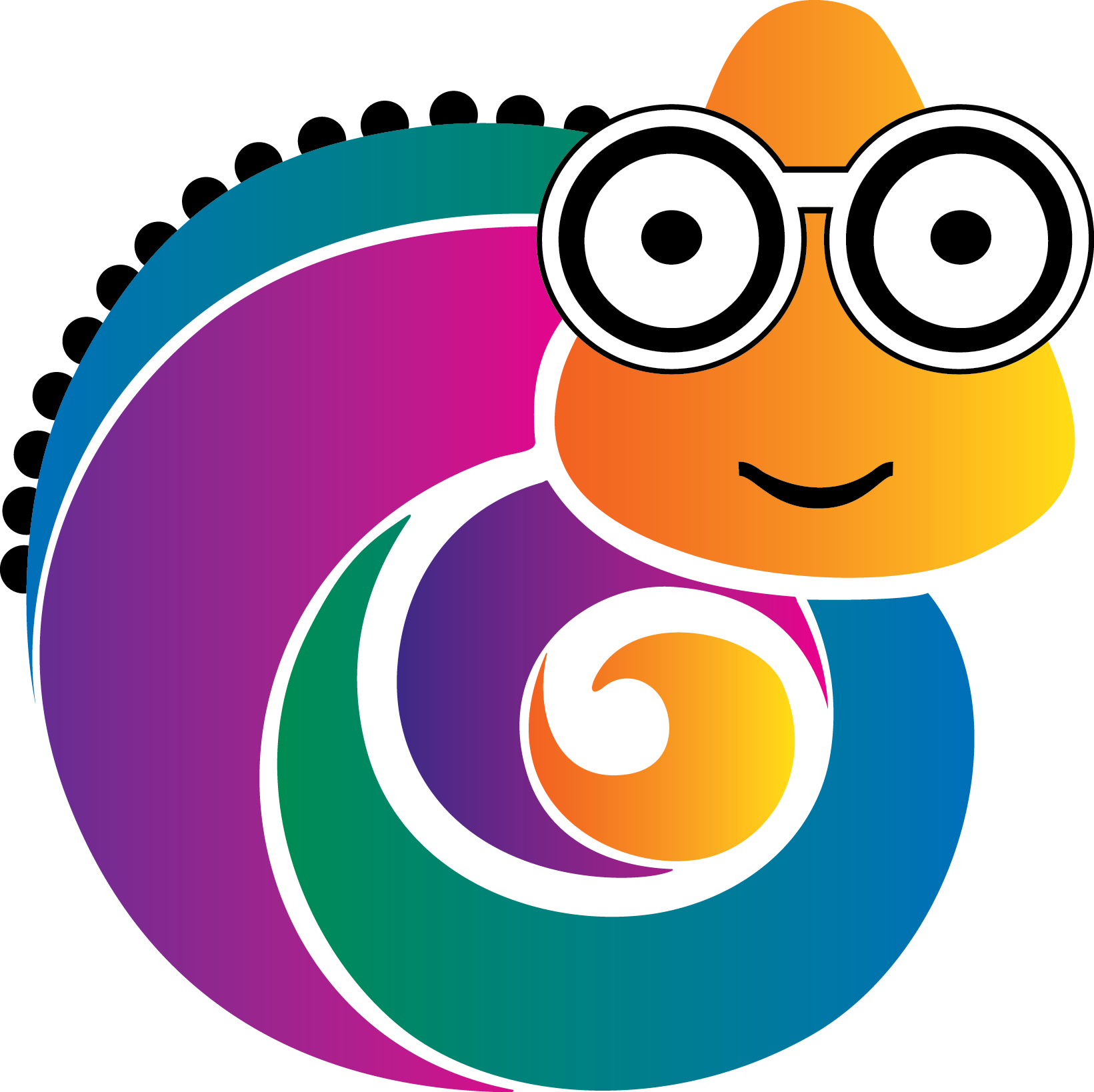 Colorful chameleon wearing glasses with a friendly expression.