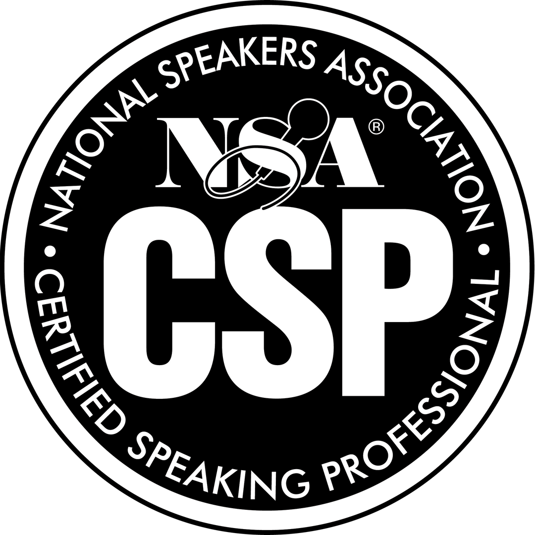 Black and white badge for Certified Speaking Professional (CSP), National Speakers Association, round with white lettering.