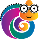 Colorful chameleon wearing glasses with a friendly smile.