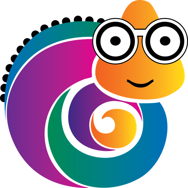 Colorful chameleon wearing glasses with a friendly smile.