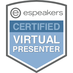 ESpeakers Certified Virtual Presenter badge, blue and white shield, text
