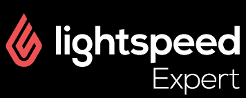 Het logo van Lightspeed Expert is wit en rood op een zwarte achtergrond.
