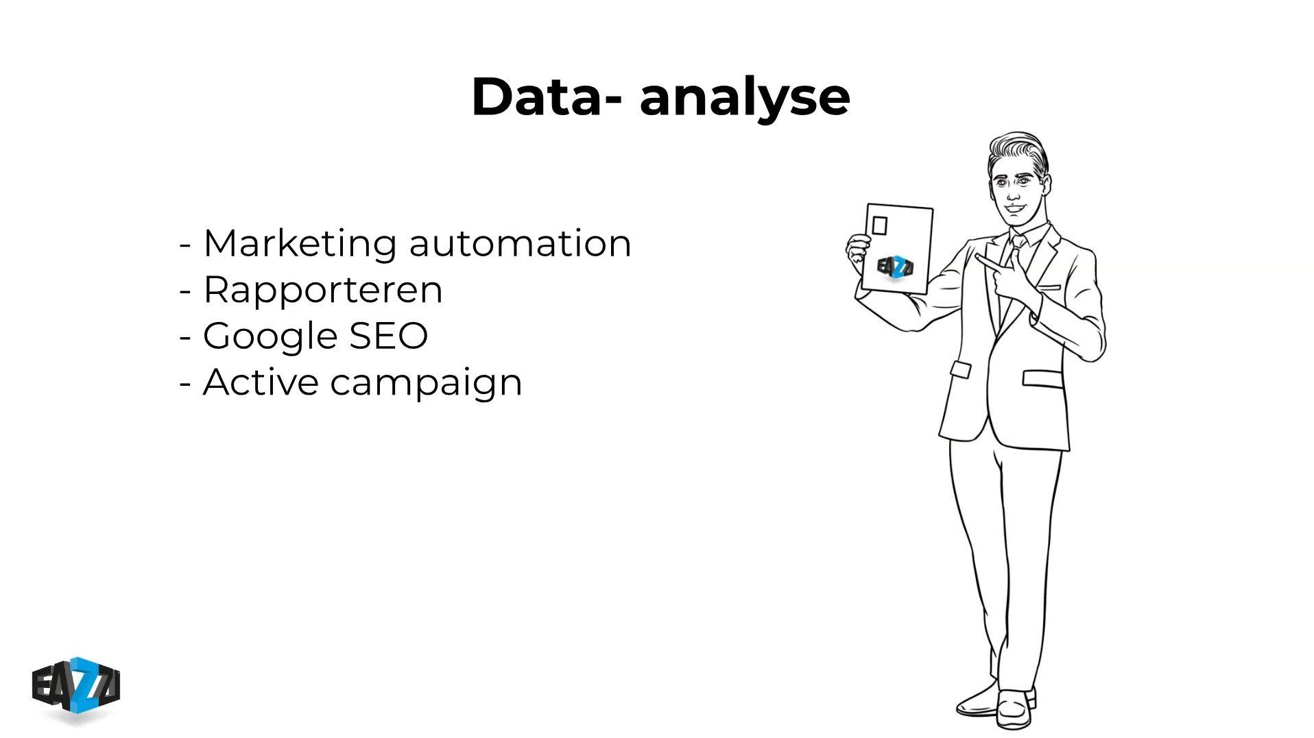 Een zwart-wit tekening van een man in een pak die een tablet vasthoudt die verteld over data analyse.