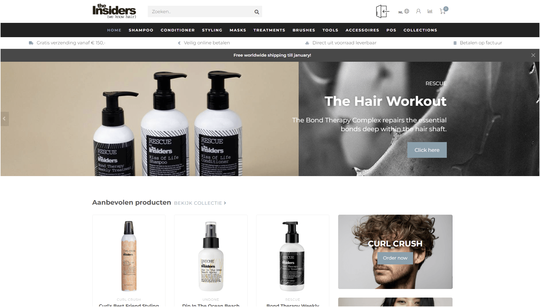 Een screenshot van een website voor haarproducten voor mannen.