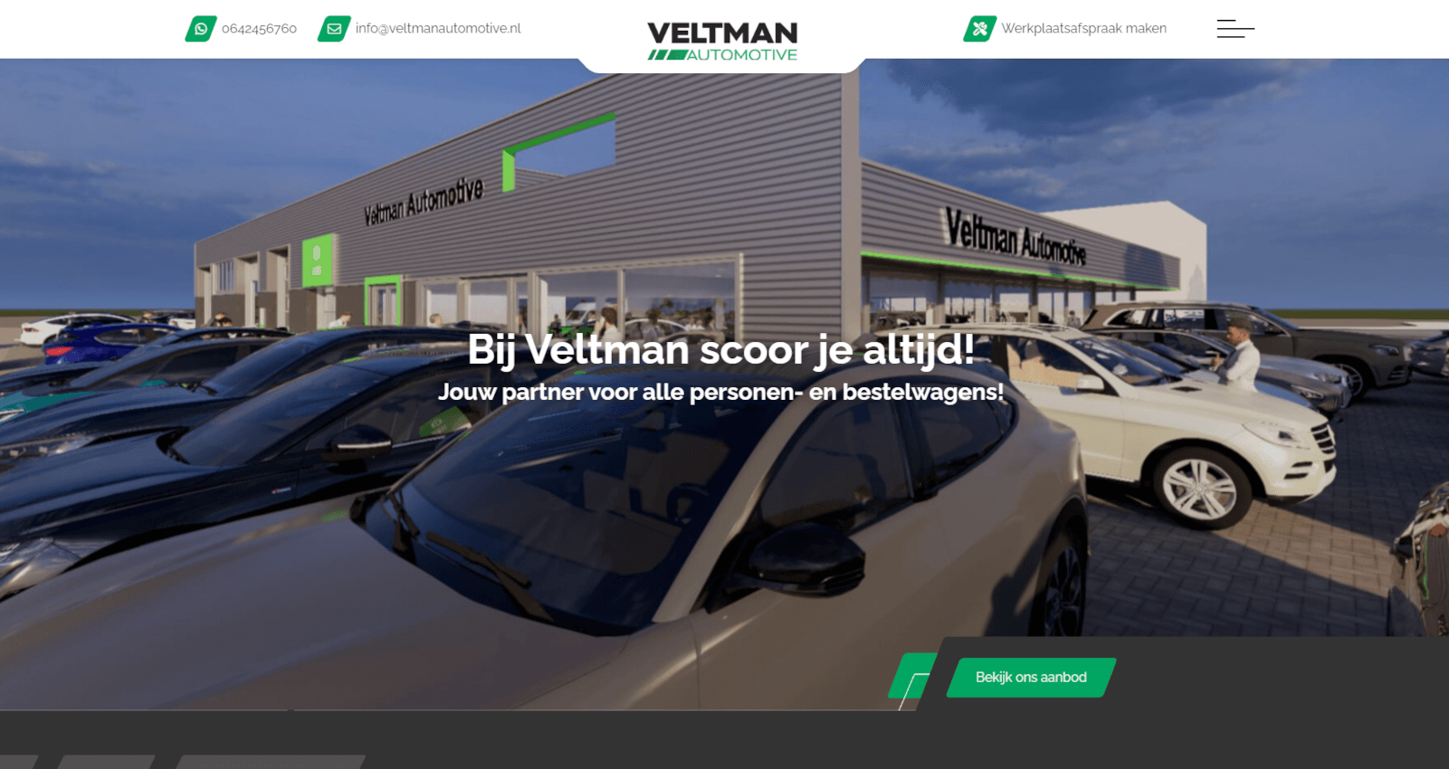 Een screenshot van een website voor een bedrijf genaamd Veltman Automotive.