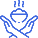 A blue icon of two hands holding a bowl of food.