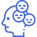 A blue icon of a person 's head with three faces coming out of it.