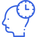 A blue icon of a person 's head with a clock in it.