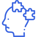 A line drawing of a person 's head with puzzle pieces coming out of it.