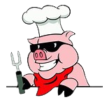 A cartoon pig wearing a chef 's hat and sunglasses is holding a fork.