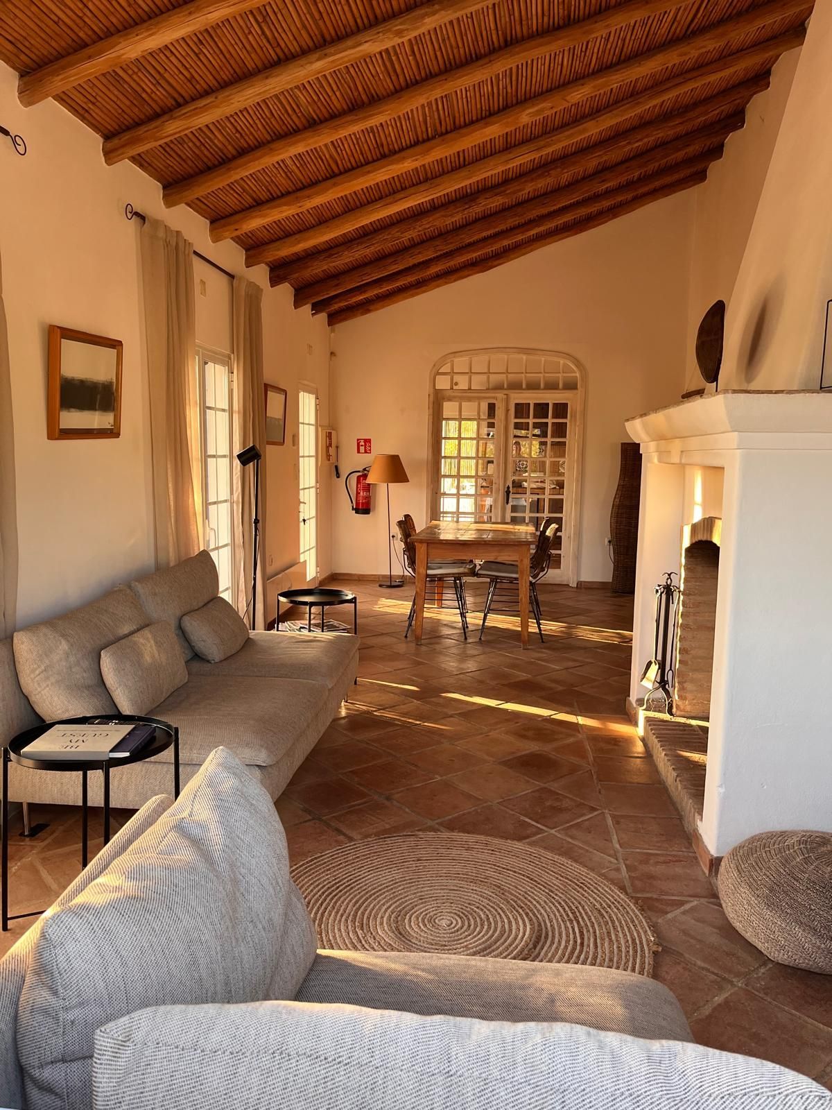 Living room with light-colored walls, a sloped wooden ceiling, and a tan sofa.