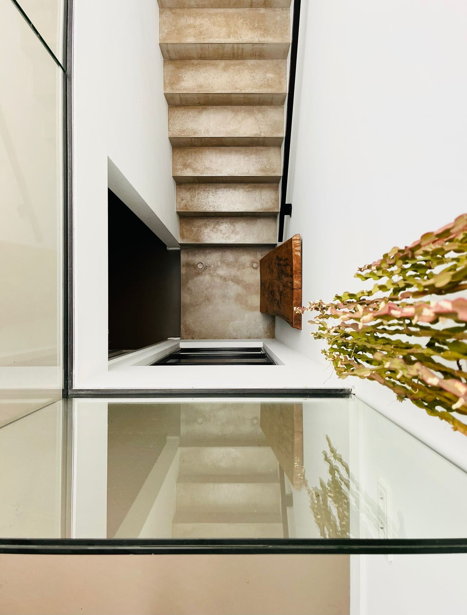Overhead view of a staircase with glass floor and railing. Sunlight creates reflections.