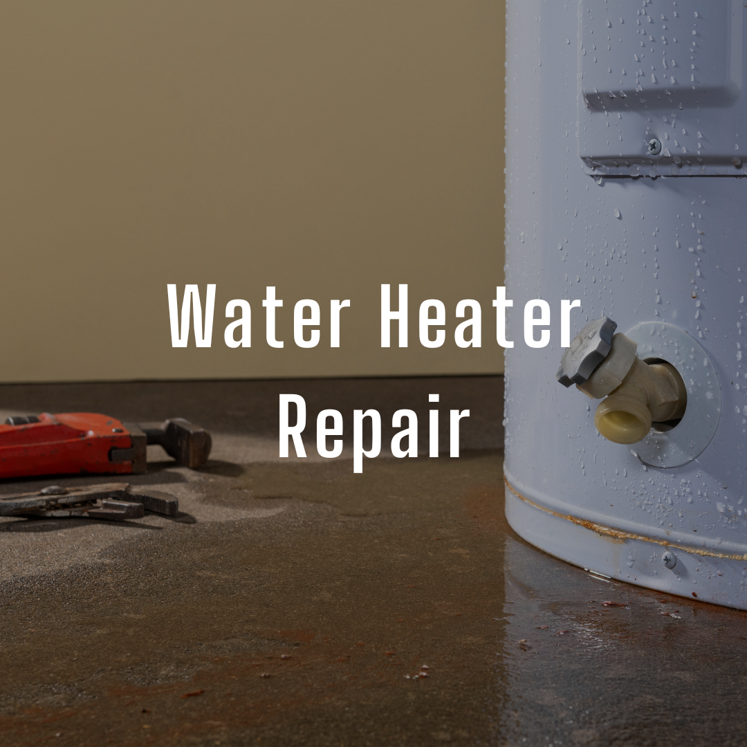 Residential water heater leaking with Water Repair Text in White