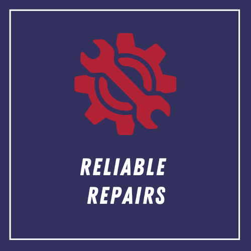 dark blue background with wrench and gear icons in red with 'reliable repairs' text in white